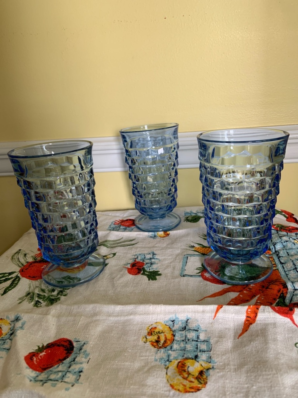 Vintage Indiana White Hall Cubist Set of 3 Ice Blue Glass Footed Goblets 1960s